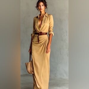Elegant Long Sleeve Tan Dress